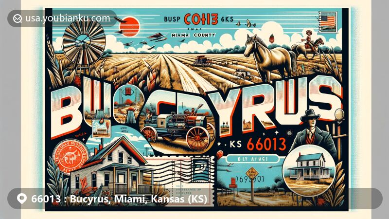 Modern illustration of Bucyrus, Miami County, Kansas, with postal theme and historical references, showcasing rural landscapes, Native American heritage, Kansas City metro ties, Trail of Death, and agricultural roots.