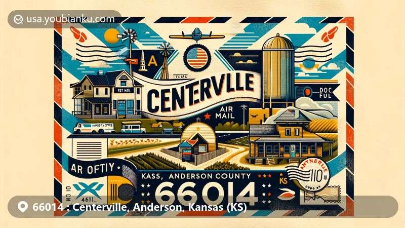 Modern illustration of Centerville, Anderson County, Kansas, featuring postal theme with ZIP code 66014, showcasing local geography and landmarks.