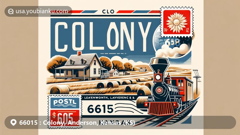 Creative illustration of Colony, Kansas, showcasing historical railroad town and hay shipping point, featuring vintage train, hay bales, and prairie landscape.