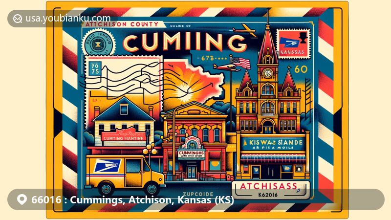 Modern illustration of Cummings, Atchison County, Kansas, featuring vintage airmail envelope with ZIP code 66016 and postal stamps with Kansas state flag, highlighting connection to postal network.