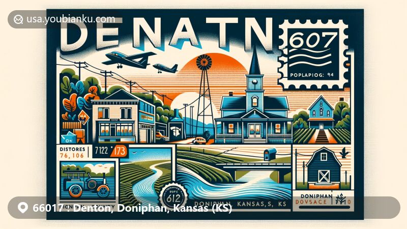 Modern illustration of Denton, Doniphan, Kansas, showcasing postal theme with ZIP code 66017, featuring small-town charm and community spirit.