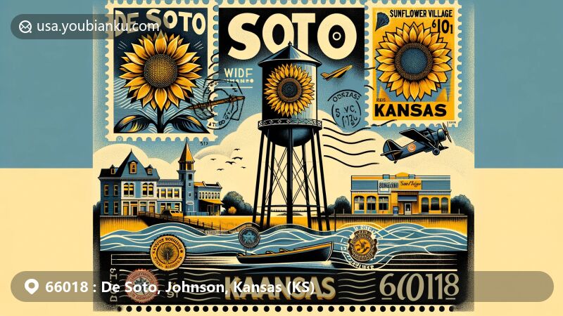 Modern illustration of De Soto, Johnson, Kansas (KS), showcasing iconic water tower with sunflower mural, Sunflower Village Historic District imagery, Kansas River backdrop, and postal elements with vintage airmail envelope and stamps. 