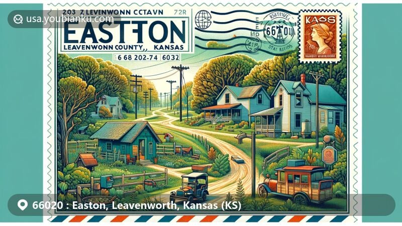 Modern illustration of Easton, Leavenworth County, Kansas, featuring ZIP code 66020 and elements of small-town charm, community spirit, old-growth trees, and nearby natural attractions like Hidden Valley Wilderness Retreat.