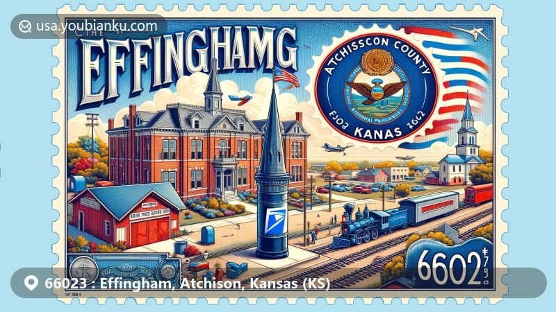 Modern illustration of Effingham, Kansas, blending historical and modern elements with postal themes, showcasing Atchison County Community High School, Central Branch Union Pacific Railroad, and the early Catholic Church establishment, along with postal symbols like antique postage stamp, vintage postbox, and air mail envelope details.