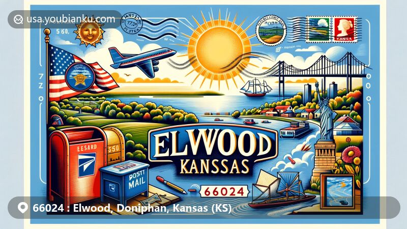 Modern illustration of Elwood, Doniphan County, Kansas, showcasing postal theme with ZIP code 66024, featuring scenic Missouri River views and seasonal transitions, incorporating symbols of Kansas.