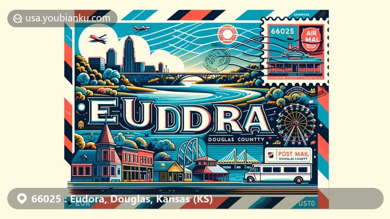 Modern illustration of Eudora, Douglas County, Kansas, resembling a postcard or air mail envelope, featuring Kansas River, Douglas County outline, historic Main Street, postage stamp, postmark with ZIP code 66025, and postal delivery vehicle.