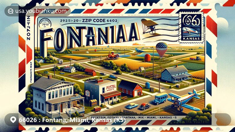 Contemporary illustration of Fontana, Miami, Kansas (KS), with postal theme and ZIP code 66026, highlighting Fontana's small-town charm, agricultural heritage, and local economy.