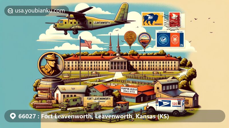 Modern illustration of Fort Leavenworth, Leavenworth, Kansas, highlighting military history with Frontier Army Museum and Buffalo Soldier Monument, integrated with Kansas state symbols and postal elements like ZIP Code 66027 and airmail design.