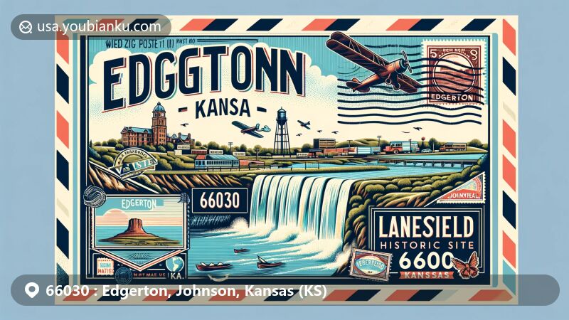 Modern illustration of Edgerton, Kansas, in Johnson County, showcasing Santa Fe Lake Falls and Lanesfield Historic Site, with vintage postcard layout and postal theme.