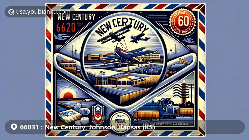 Modern illustration of New Century, Johnson County, Kansas, representing ZIP code 66031, featuring the New Century Commerce Center and Navy Park with historical airplanes.
