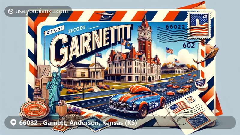 Modern illustration of Garnett, Kansas, highlighting postal theme with ZIP code 66032, featuring landmarks like Anderson County Courthouse, Garnett House Hotel, and Lake Garnett, as well as symbols of Kansas state flag, Statue of Liberty, and recreational activities.