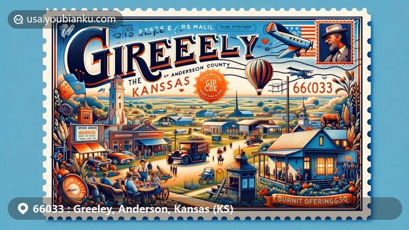 Modern illustration of Greeley, Anderson County, Kansas, featuring ZIP code 66033 in a vintage airmail envelope, showcasing local culture, landmarks, and community diversity.