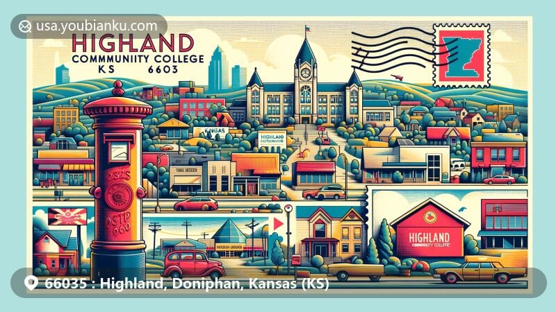 Modern illustration of Highland, Doniphan County, Kansas, featuring iconic elements like Highland Community College, showcasing educational significance and community spirit.