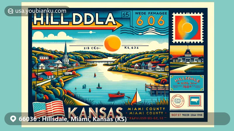 Modern illustration of Hillsdale, Miami County, Kansas, featuring Hillsdale Lake, geographical location within Kansas, and postal theme with ZIP code 66036.