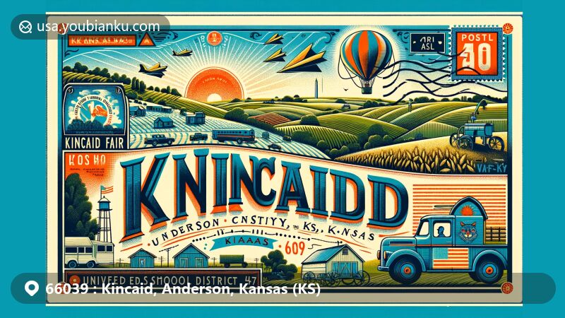 Modern illustration of Kincaid, Kansas, ZIP code 66039, showcasing the local Kincaid Fair, Unified School District 479, and rural landscapes of Anderson County. Features a postal-themed design with 'Kincaid, KS 66039', stamps, postmark, and classic postal elements.