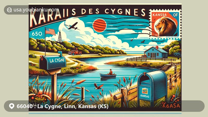 Modern illustration of La Cygne, Kansas, featuring Marais des Cygnes River, La Cygne Lake, Kansas state flag, postal elements with ZIP code 66040, mailbox, and mail truck.