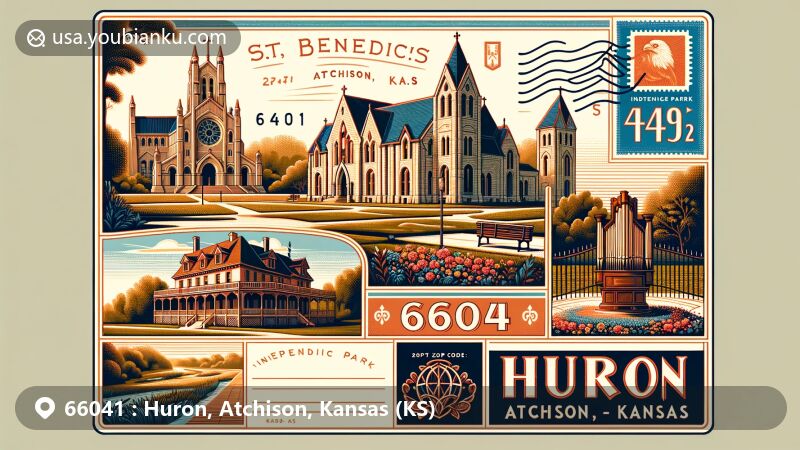 Modern illustration of ZIP Code 66041, Huron, Atchison County, Kansas, featuring St. Benedict’s Abbey, Evah C. Cray Museum (Glick Mansion), and Independence Park with Kansas state flag elements.