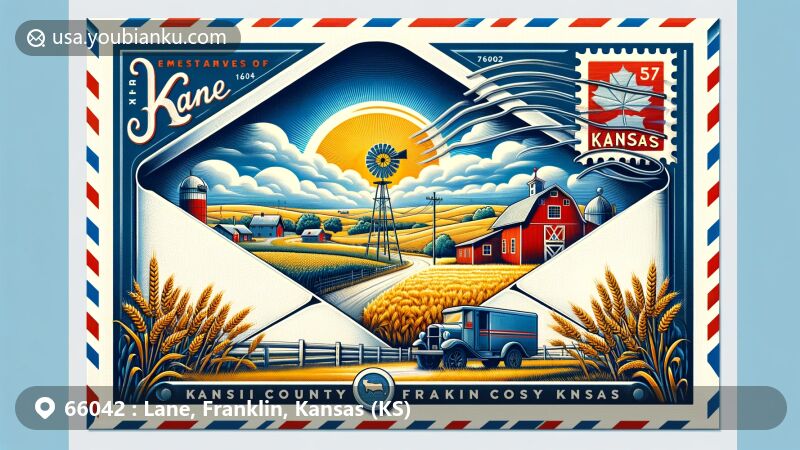 Modern illustration of Lane, Franklin County, Kansas, showcasing postal theme with ZIP code 66042, featuring agricultural scenery, a red barn, a windmill, and Kansas state flag.