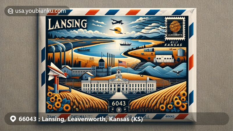 Modern illustration of Lansing and Leavenworth, Kansas, featuring air mail envelope design with iconic landmarks, including Missouri River, Lansing Correctional Facility, Fort Leavenworth, wheat fields, and sunflowers.