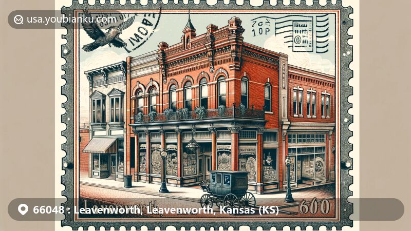 Modern illustration of Leavenworth, Kansas, showcasing historic downtown district with red brick architecture, postal elements, and symbols of freedom and equality.