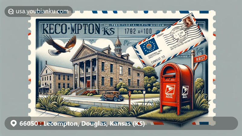 Modern illustration of Lecompton, Kansas, showcasing Territorial Capital Museum, Constitution Hall, and vintage postal elements including air mail envelope with Kansas state flag stamp and 'Lecompton, KS 66050' postmark.