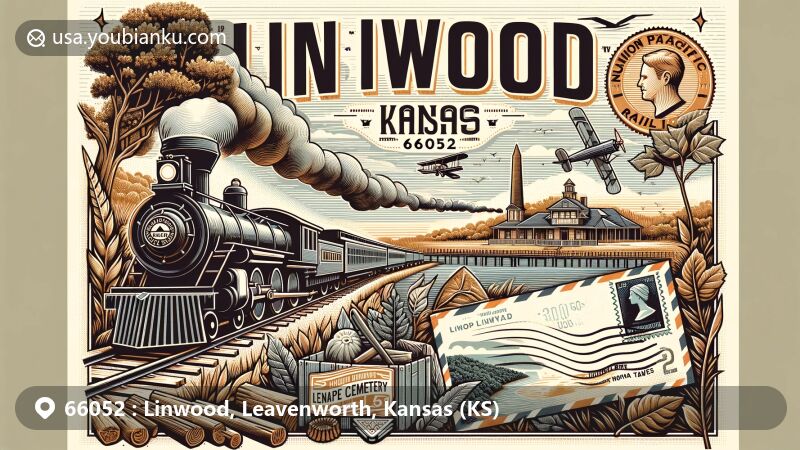 Modern illustration of Linwood, Kansas, showcasing postal theme with ZIP code 66052, featuring Union Pacific Railroad, linden trees, and Kansas River.