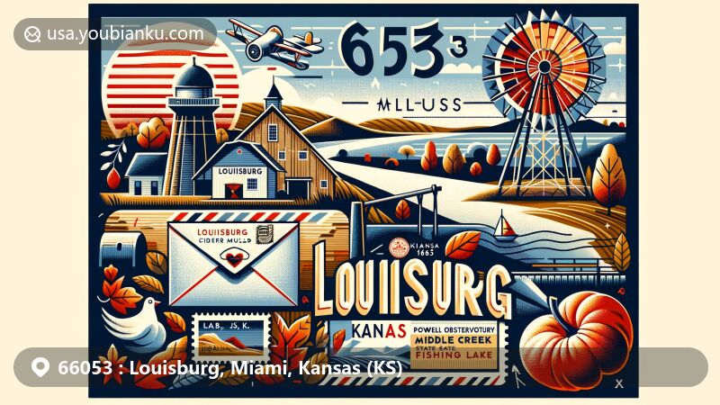 Modern illustration of Louisburg, Miami County, Kansas, capturing the essence of local culture and landmarks, including Louisburg Cider Mill, Powell Observatory, and Middle Creek State Fishing Lake.