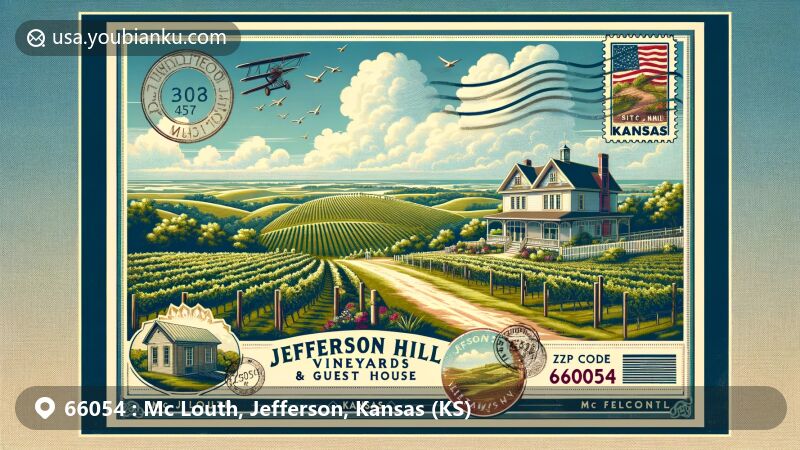 Modern wide-format illustration of Mc Louth area in Jefferson County, Kansas, highlighting Jefferson Hill Vineyards & Guest House amid rolling green hills. Includes picturesque vineyard, classic guest house, and lush landscape of Northeast Kansas, with vintage air mail envelope, postage stamp featuring Kansas state flag, and postmark with date and location (Mc Louth, Kansas, 66054).