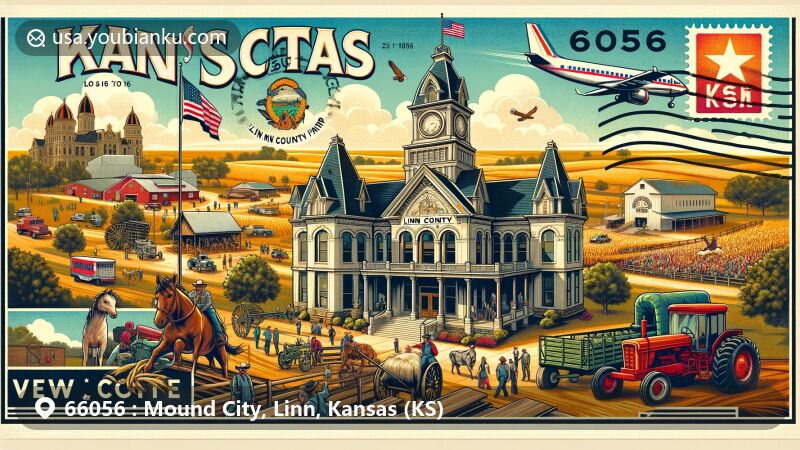 Modern illustration of Mound City, Kansas, celebrating ZIP code 66056, featuring Linn County Courthouse and imagery from Linn County Fair.