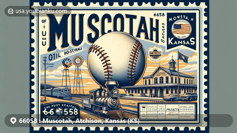 Modern illustration of Muscotah, Kansas, Atchison County, featuring the world's largest baseball and historical train station, blending baseball heritage with postal elements and the Kansas state flag.