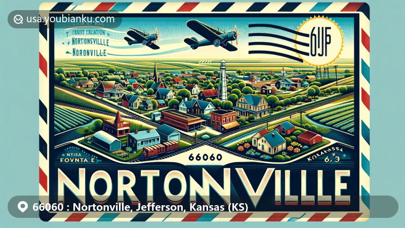 Modern illustration of Nortonville, Kansas, featuring postal-themed design inspired by air mail envelopes, showcasing T.L. Norton's railroad legacy and agricultural heritage of the community.