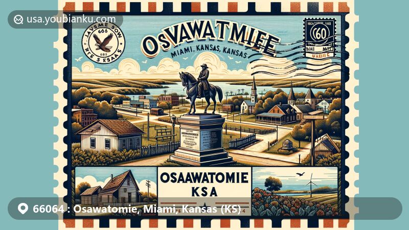 Modern illustration of Osawatomie, Miami County, Kansas, resembling a vintage postal card with ZIP code 66064, featuring John Brown Memorial Park's statue and cabin, and the Marais des Cygnes River.