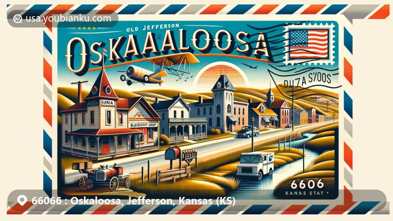 Modern illustration of Oskaloosa, Jefferson County, Kansas, showcasing Old Jefferson Town with blacksmith shop, jail, Victorian home, hills, and Big Slough Creek, designed as an air mail envelope with state symbols, postal elements, and ZIP code 66066.