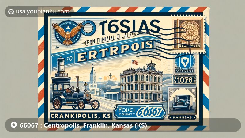 Modern illustration of Centropolis, Franklin County, Kansas, showcasing postal theme with ZIP code 66067, featuring vintage-style airmail envelope with historical and state symbols.