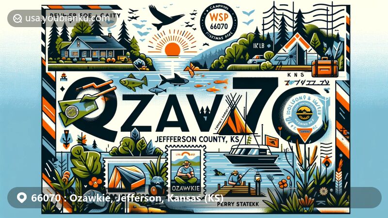 Modern illustration of Ozawkie, Jefferson County, Kansas, highlighting ZIP code 66070 with Perry Lake and outdoor recreational activities like camping and fishing at Perry State Park.