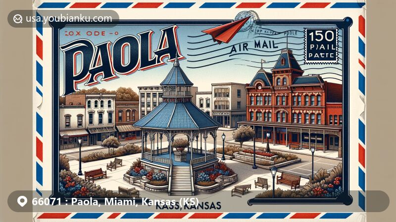 Modern illustration of Paola, Kansas, featuring vintage air mail envelope with iconic Park Square, historic gazebo, Paola Community Center, and Kansas state flag, all encapsulating Paola's rich history and cultural charm.