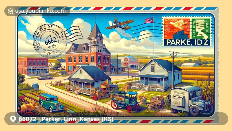 Modern illustration of Parker, Linn County, Kansas, showcasing Parker Museum and rural essence with vintage farm equipment and one-room country schoolhouse, featuring a postal theme with Kansas state flag and ZIP code 66072.