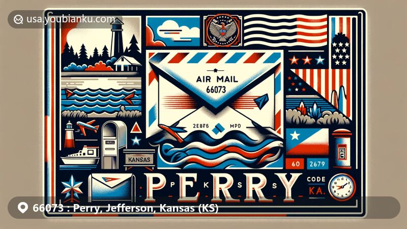 Vintage air mail envelope illustration for Perry, Kansas in ZIP Code 66073, featuring Perry Lake, Perry State Park, Kansas state flag, mailbox, and classic air mail stripe patterns.