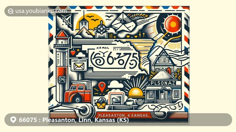 Modern illustration of Pleasanton, Linn County, Kansas, showcasing postal theme with ZIP code 66075, featuring Kansas state outline, Linn County Museum, and symbols of humid subtropical climate.