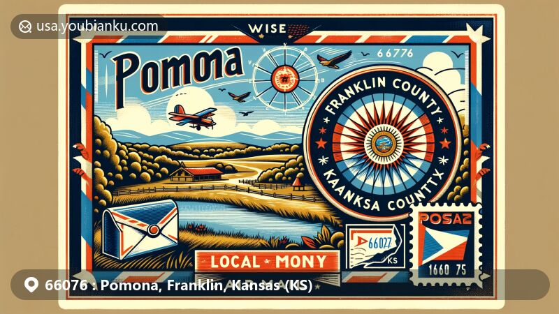 Modern illustration of Pomona, Franklin County, Kansas, highlighting Pomona State Park and local recreational features, with vintage postal theme showcasing Kansas state symbols and Franklin County history.