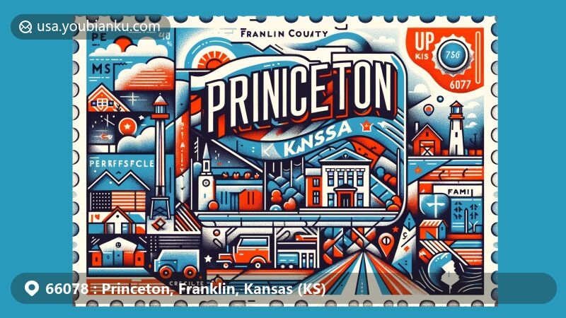 Modern illustration of Princeton, Franklin County, Kansas, showcasing postal theme with ZIP code 66078, featuring rolling plains, small-town charm, and Kansas state flag.