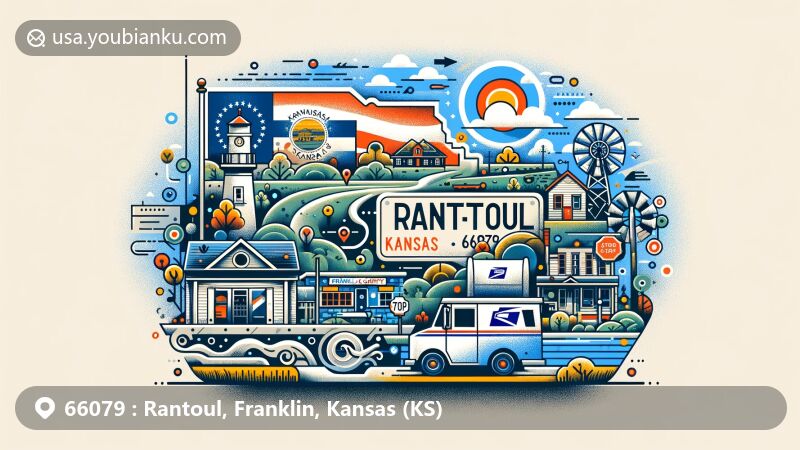 Modern illustration of Rantoul, Franklin County, Kansas, seamlessly blending regional symbols with postal elements and American small-town charm, set against a backdrop of natural scenery.