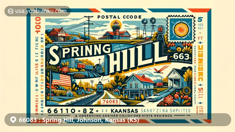 Modern illustration of Spring Hill, Kansas, showcasing postal theme with ZIP code 66083, featuring elements symbolizing the area's history, growth, and community spirit, including railroad significance and tornado resilience.