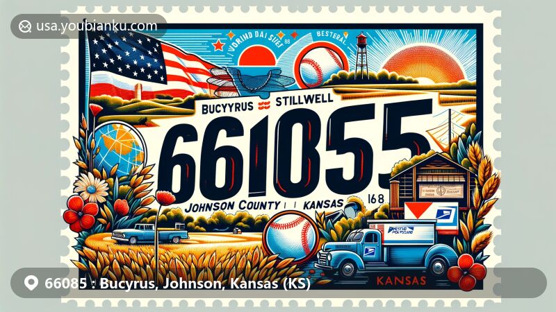 Modern illustration of Bucyrus and Stilwell, Johnson County, Kansas, highlighting ZIP code 66085 area with Virginia Sue Field of Dreams baseball pitch and lush grasslands, featuring local flora, postal elements, and Johnson County map outline.