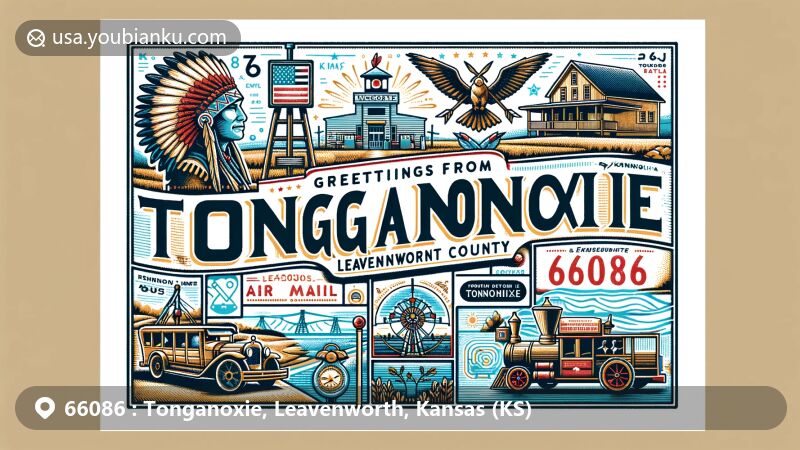 Modern illustration of Tonganoxie, Leavenworth County, Kansas, showcasing vintage postcard design with 'Greetings from Tonganoxie, 66086', featuring Chief Tonganoxie, Peruvian Connection, Fort Leavenworth, and Kansas state flag.