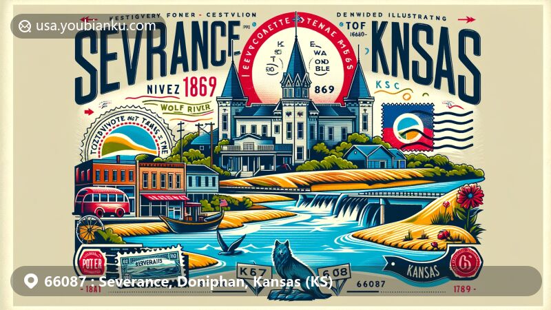 Modern illustration of Severance, Kansas, depicting geographical charm and postal culture with elements like Wolf River, founding history of 1869, postal stamps, and ZIP Code 66087, incorporating Kansas state symbols like the state flag.