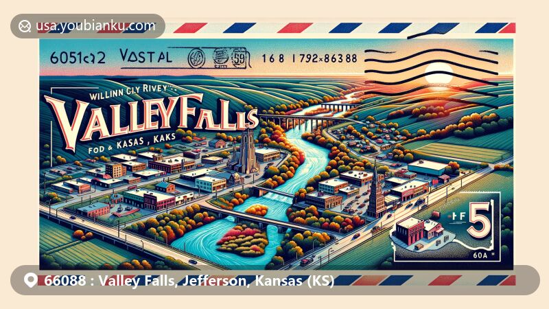 Modern illustration of Valley Falls, Jefferson County, Kansas, capturing essence through postcard design with ZIP code 66088, showcasing rich cultural history, environmental commitment, Delaware River, Kansas Highways, and air mail theme.