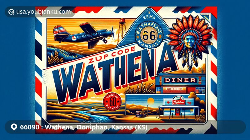 Vintage-style illustration of Wathena, Kansas, showcasing ZIP Code 66090 within a air mail envelope frame, featuring landscape of northeastern Kansas, Kickapoo tribe symbol, Star 36 Diner, and Kansas state flag.