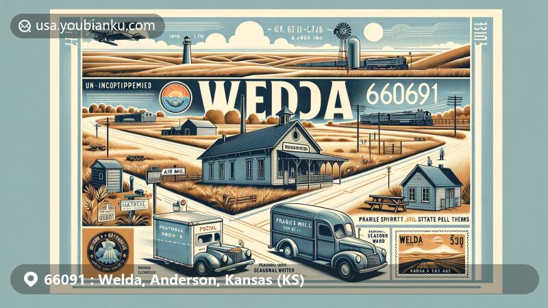 Modern illustration of Welda, Anderson County, Kansas, highlighting postal theme with historic railway depot, Prairie Spirit Trail State Park, and postal motifs like air mail envelope and vintage postage stamp with 'Welda, KS 66091' mark.
