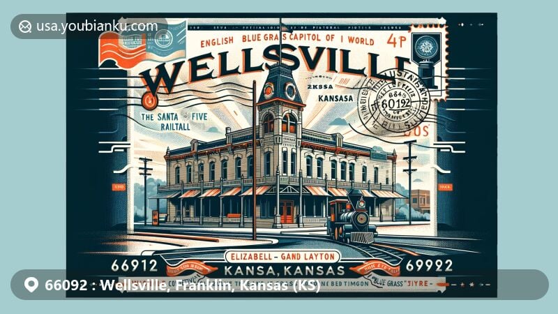 Modern illustration of Wellsville, Kansas, showcasing postal theme with ZIP code 66092, featuring historical landmarks like the old bank building at 418 Main, and paying tribute to artist Elizabeth 'Grandma' Layton.
